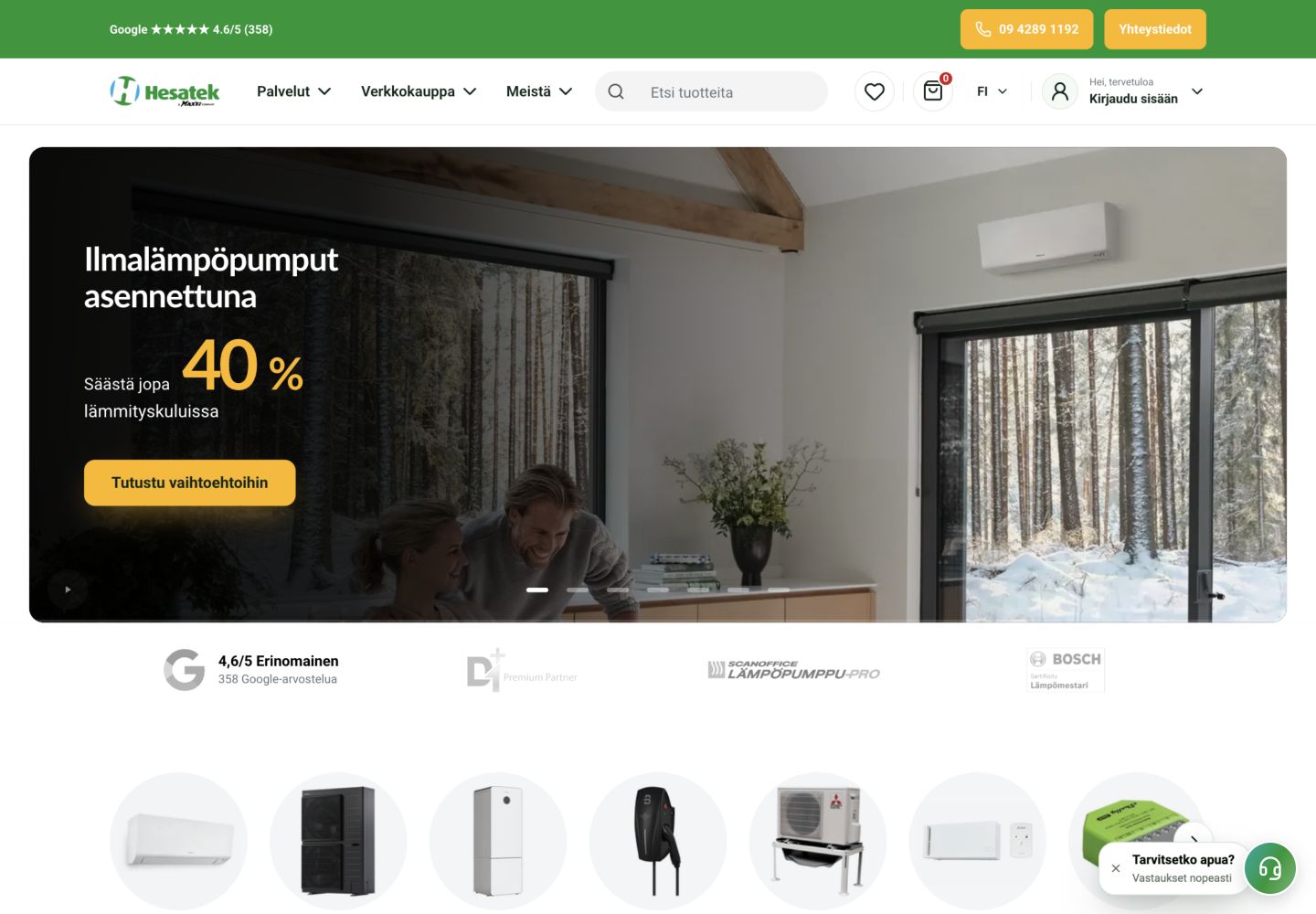 Hesatek homepage presenting heat pumps and services.